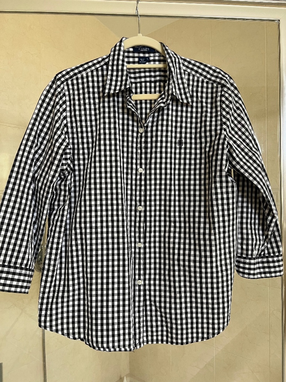 LADIES CHAPS BLACK AND WHITE COTTON GINGHAM SHIRT with 3/4 SLEEVES Size L